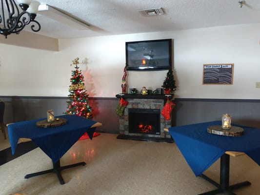 Festively decorated common area with holiday decor