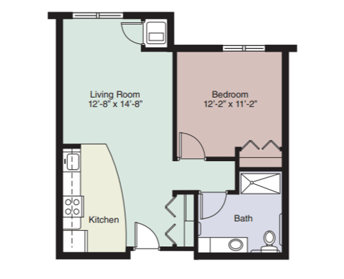 Architectural floor plan of a one-bedroom unit