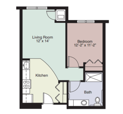 Architectural floor plan of a one-bedroom unit