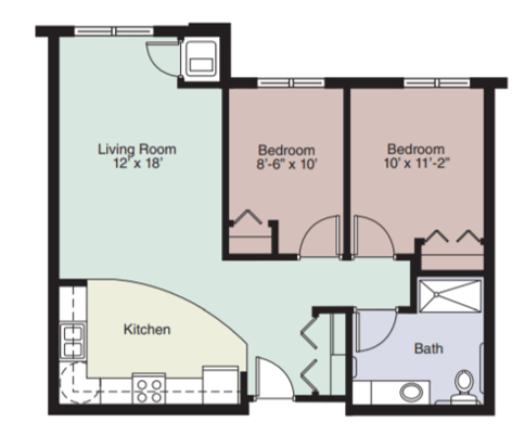 Floor plan of a two-bedroom unit with kitchen