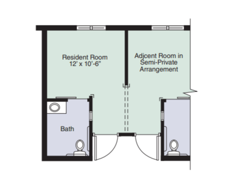 Architectural floor plan of a resident room layout