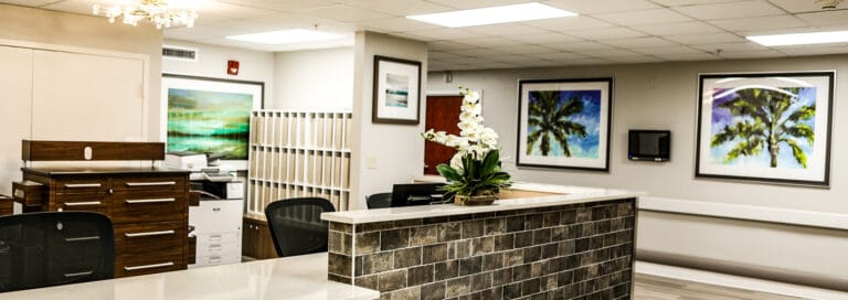 Bright reception area with artwork and decorative plants