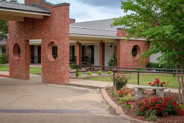 Exterior view of a senior living facility entrance