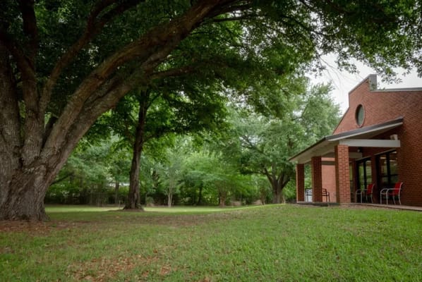 Exterior view of a building surrounded by trees