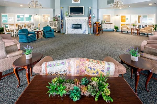 Lounge area with comfortable seating and decorative plants