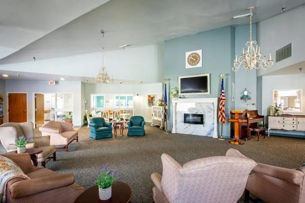 Bright common area in a senior living facility