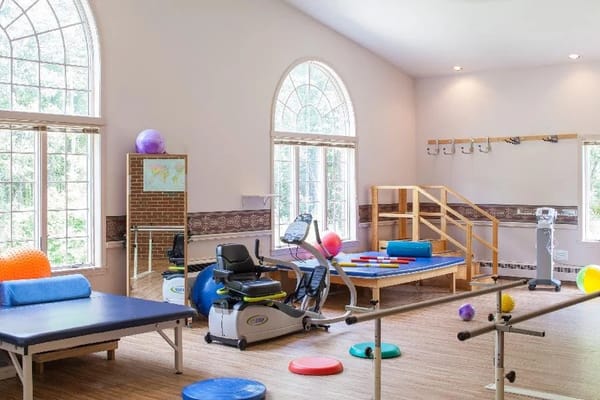 Therapy room with exercise equipment and colorful balls