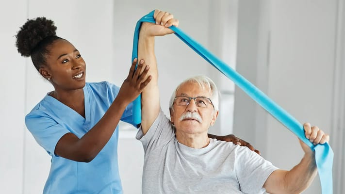 A staff member assisting a resident with exercise
