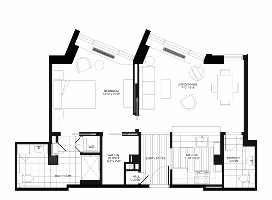 Architectural floor plan of a two-bedroom apartment