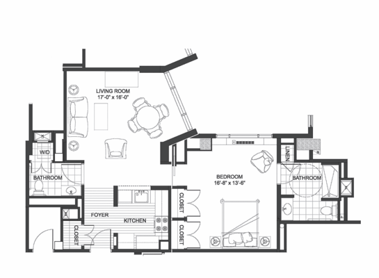 Architectural floor plan of a senior living unit