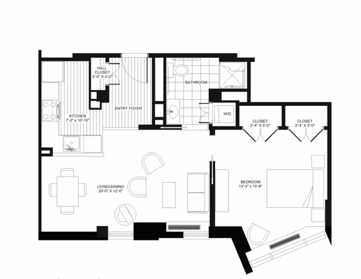 Architectural floor plan of a one-bedroom unit