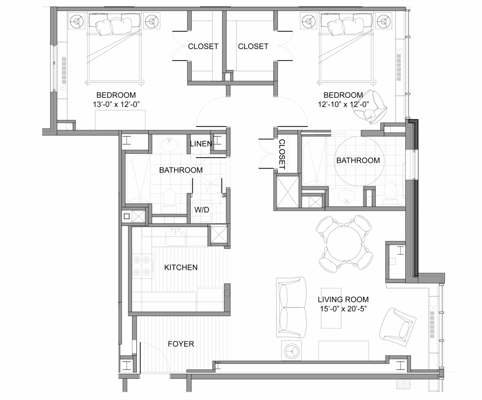 Architectural floor plan of a two-bedroom unit