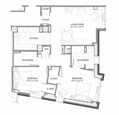 Architectural floor plan of a two-bedroom unit