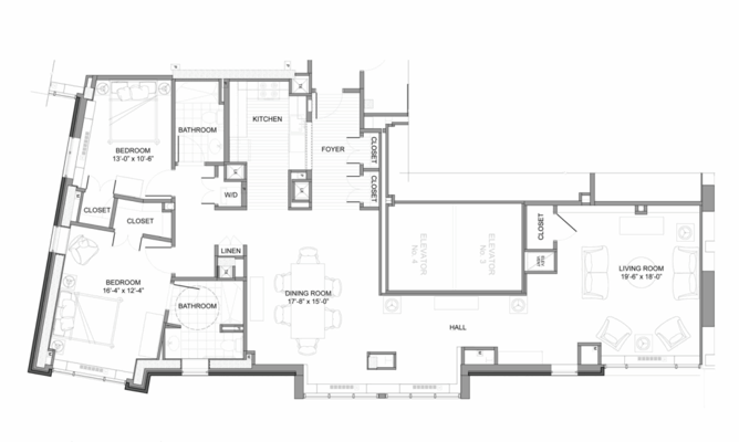 Architectural floor plan of a nursing home layout