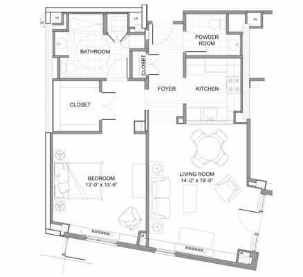 Architectural floor plan of a residential unit