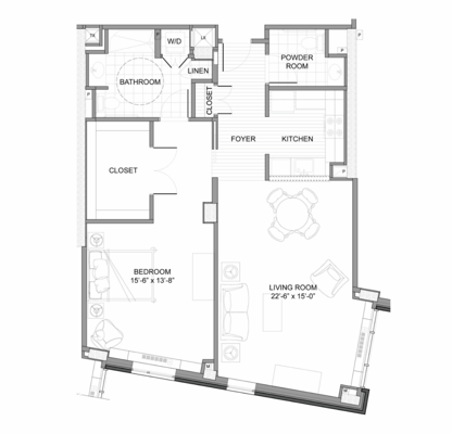 Architectural floor plan of a two-bedroom apartment