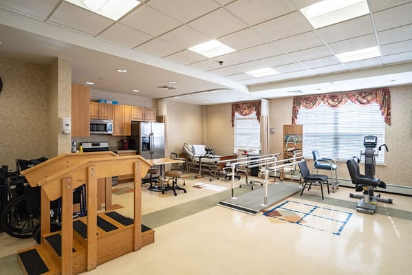 Interior view of a rehabilitation room with equipment