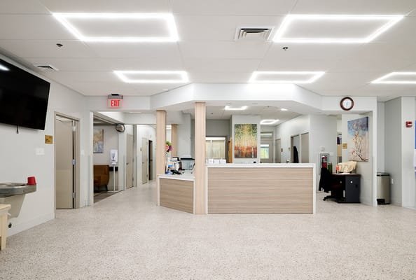 Bright interior lobby with a reception area