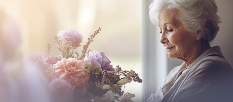Senior woman enjoys flowers by the window