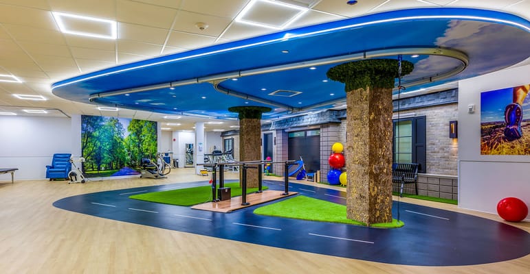 Modern therapy room with trees and exercise equipment