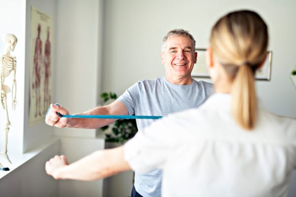 Senior man exercising with a therapist using resistance bands