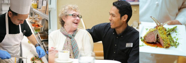 Chef preparing food for residents in a dining setting