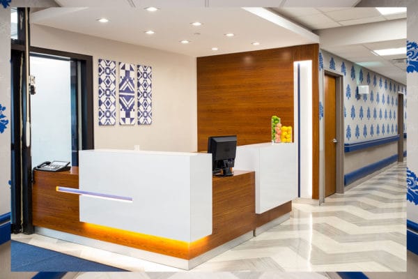 Bright reception area of a senior living facility
