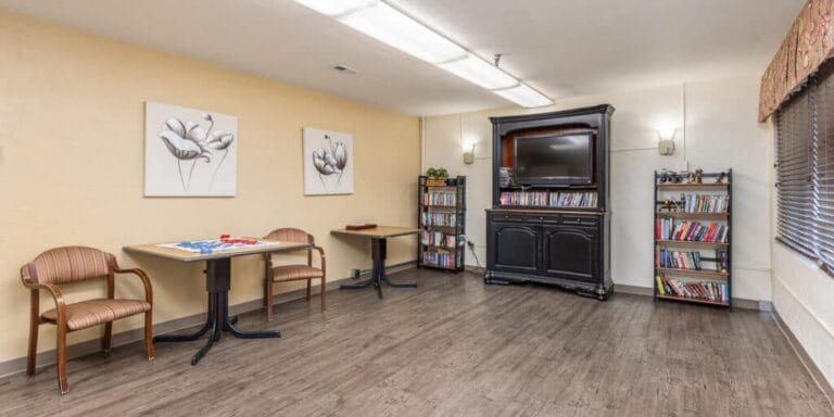 Interior view of a common area with bookshelves