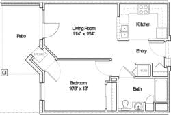 Architectural floor plan of a one-bedroom unit