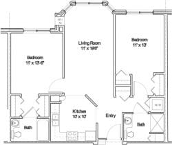 Architectural floor plan of a two-bedroom unit