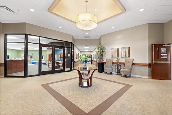 Bright and welcoming common area with seating