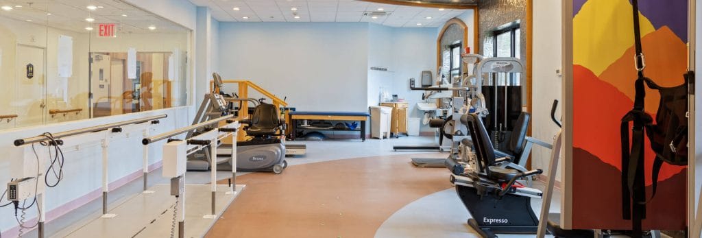 Therapy gym with exercise equipment and therapy bars