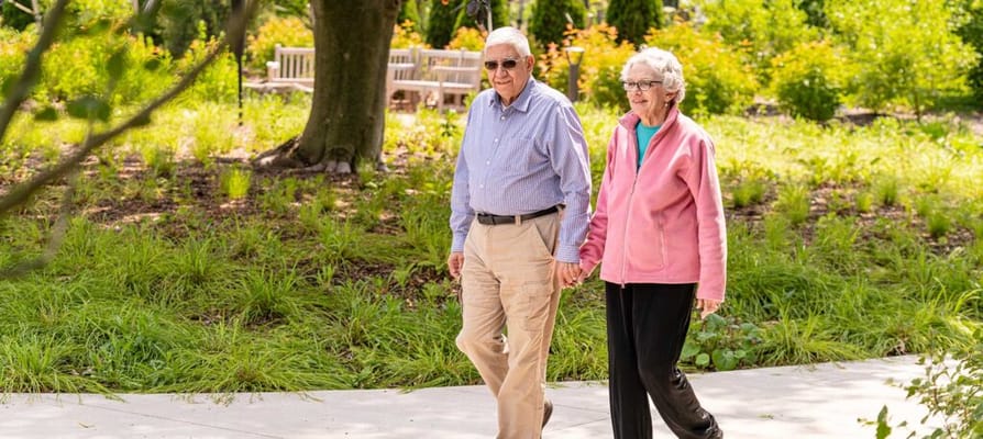 Two seniors walking hand in hand in a garden