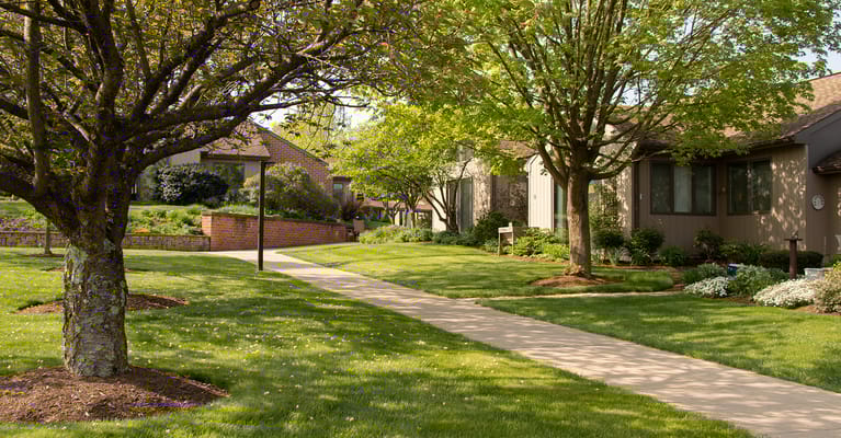 Pathway through well-maintained gardens and buildings