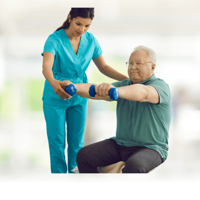 A resident participating in a fitness activity with staff support