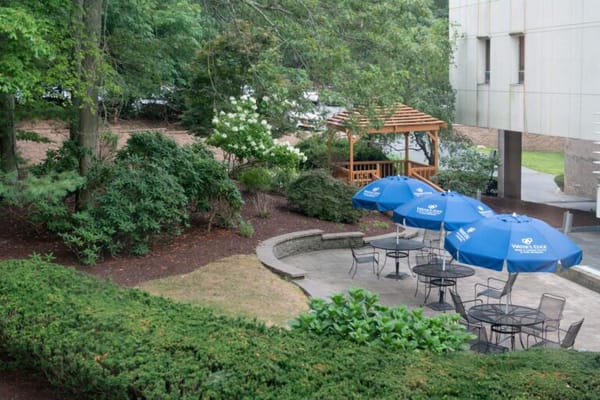 Outdoor patio area with seating and gazebo