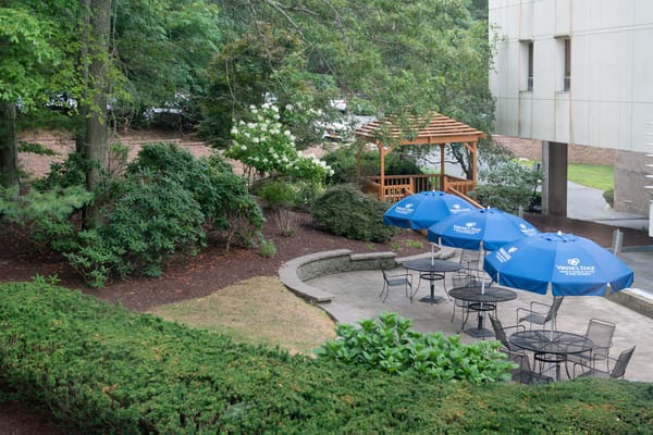 Outdoor patio area with seating and gazebo