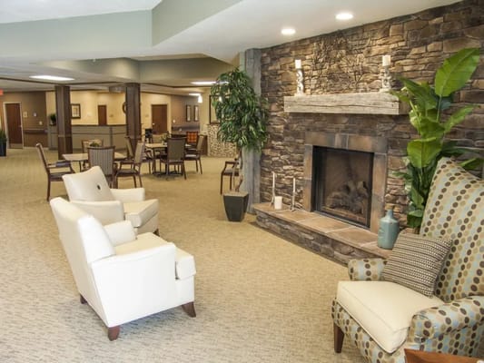 Cozy common area with seating and fireplace