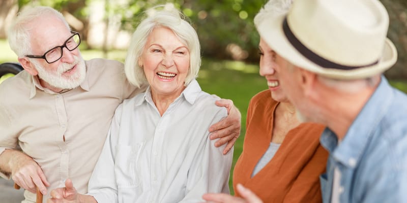 Four seniors enjoying a conversation in a garden