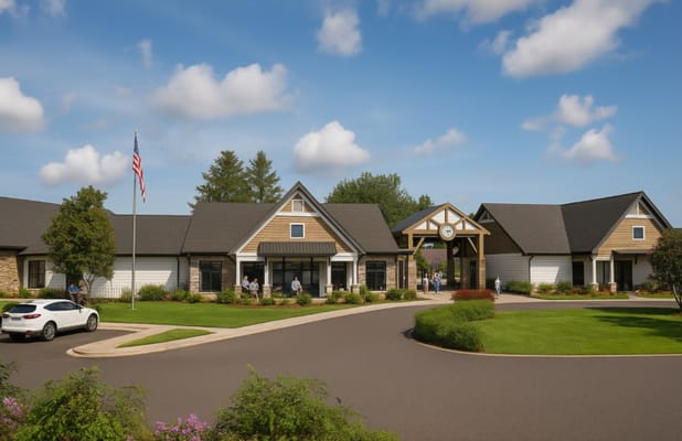 Exterior view of a senior living facility with landscaped grounds
