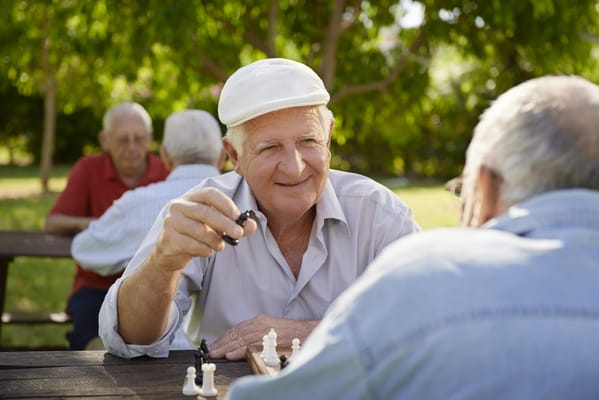 Two residents playing chess outside in a garden