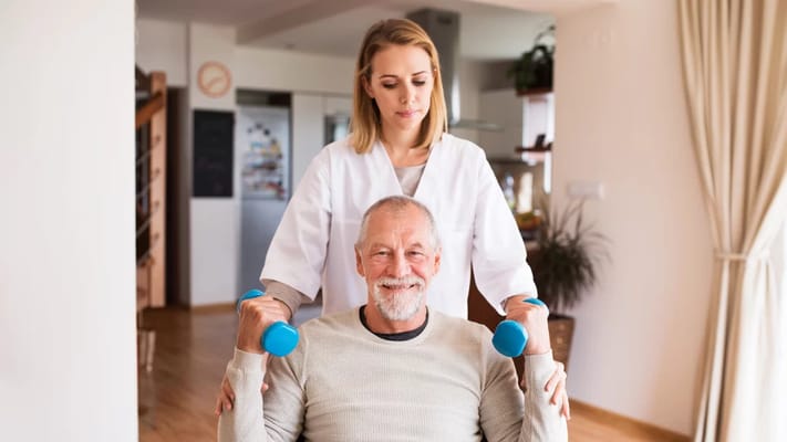 A caregiver assisting a resident with light exercise