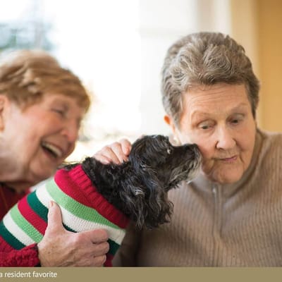 Two residents enjoying time with a dog indoors