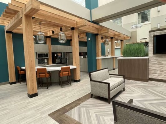 Bright interior common area with seating