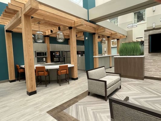 Bright interior common area with seating