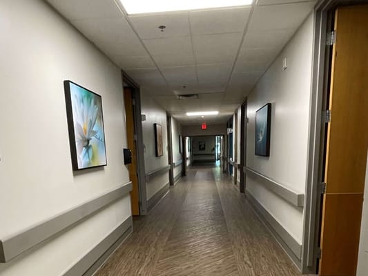 A well-lit hallway with framed artwork on the walls