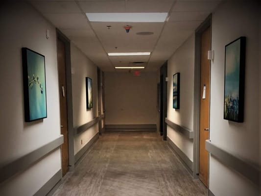 A hallway with artwork on the walls