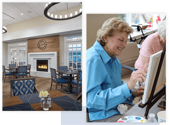 Residents enjoying activities in a warm, inviting lounge