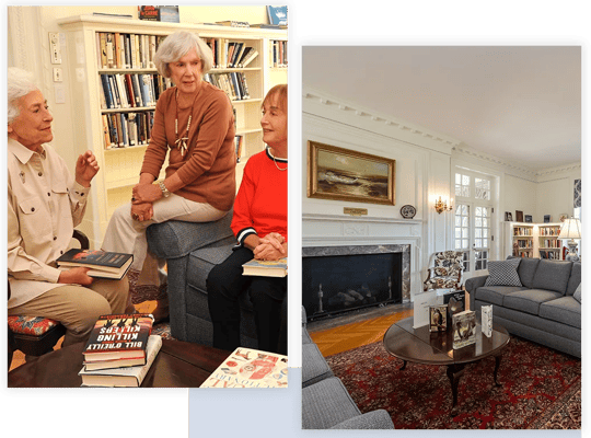 Residents enjoying conversation in a cozy common area