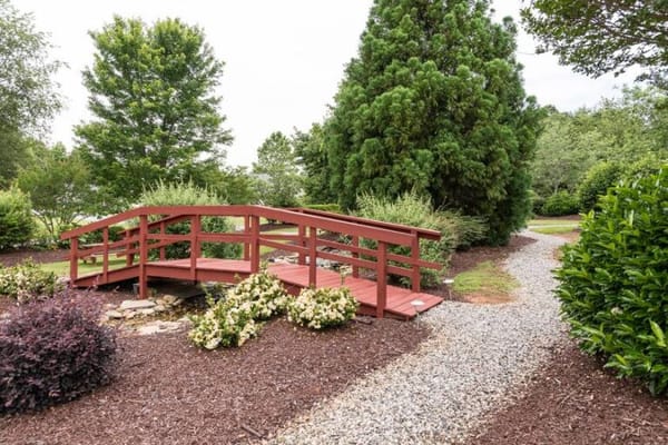 A wooden bridge over a garden path with greenery